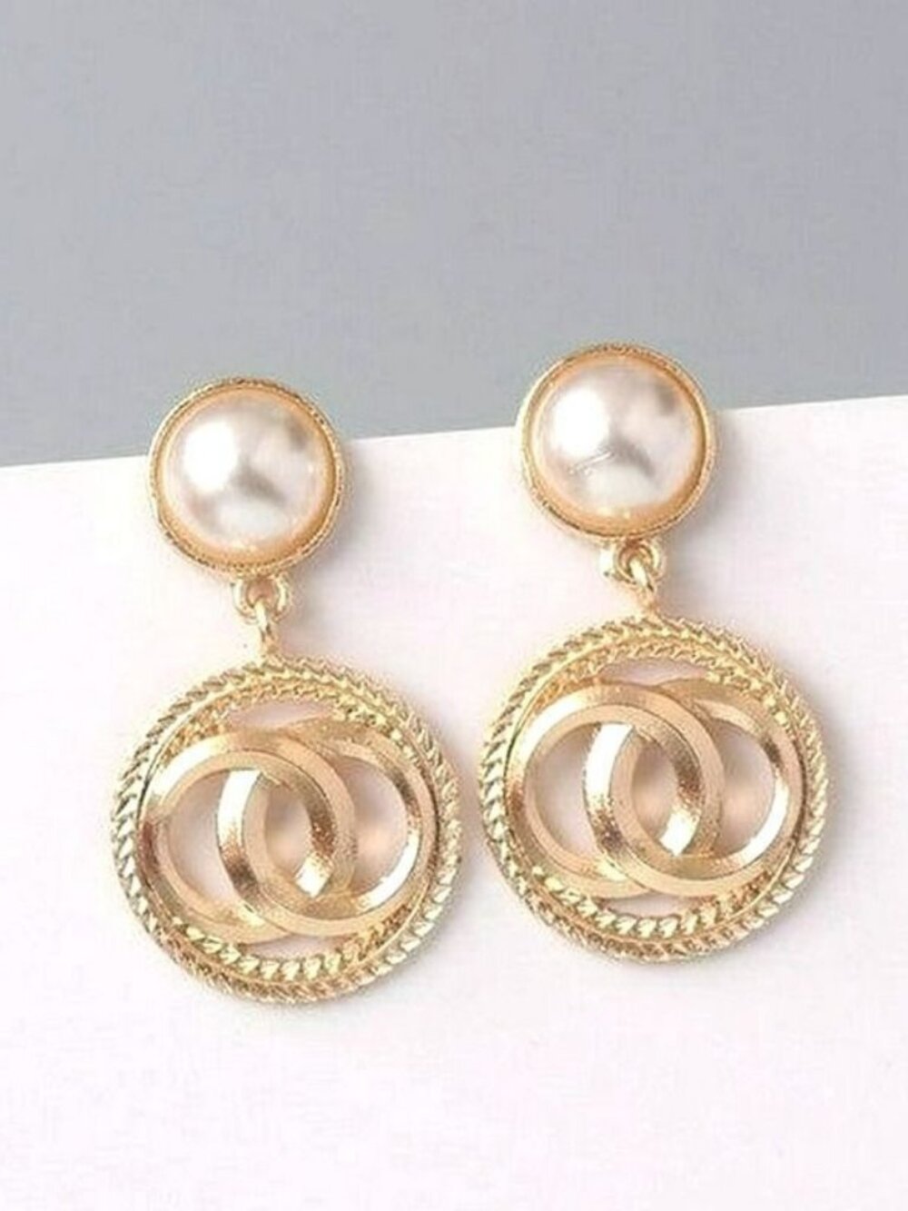 Adell Caspia Pearl Double Round Matt Finish Gold Tone Drop Earrings Gift Package